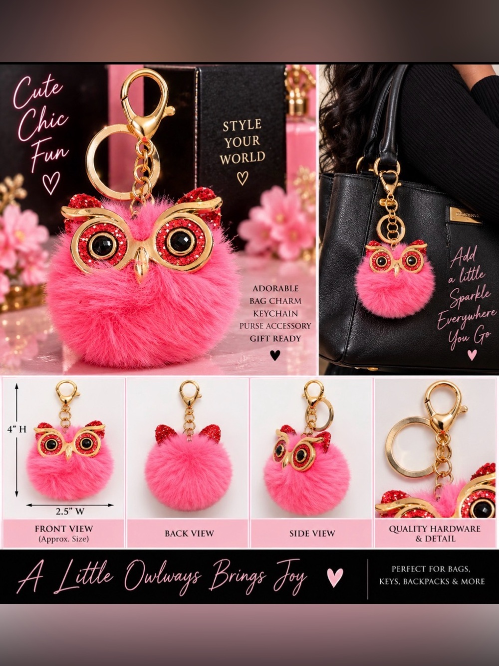 Pink Fuzzy Owl Bag Charm Keychain - Gold Hardware